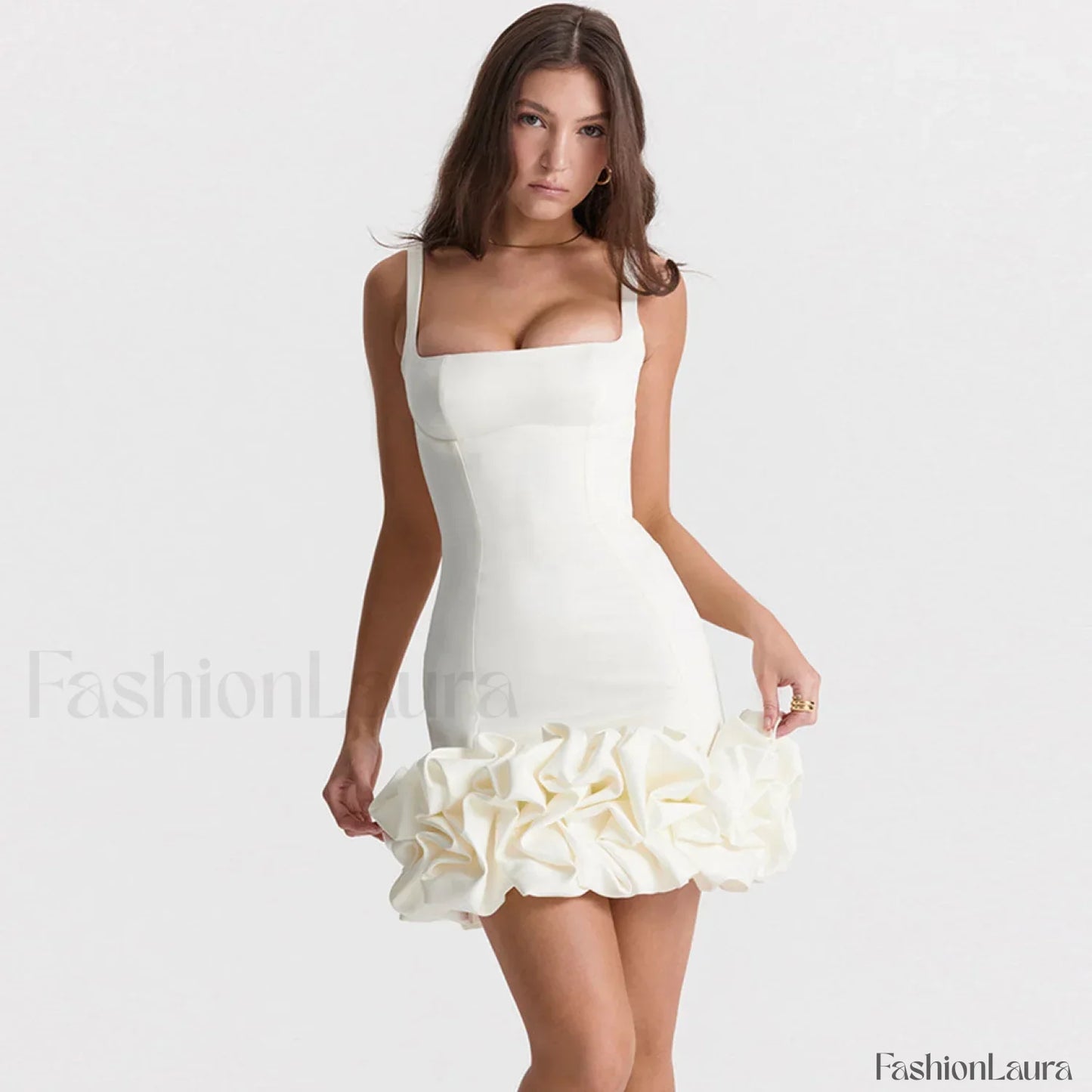 Ruffle Hem Square Neck Sleeveless Bodycon Party Mini Dress - White