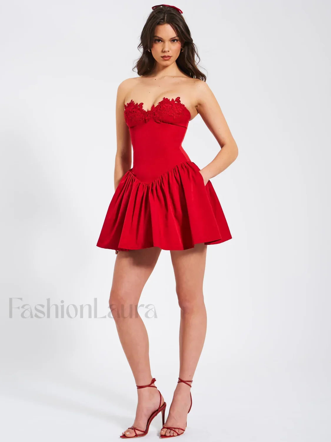 Sacha Red Lace Drop Graceful Waist Corset Puffy Mini Dress