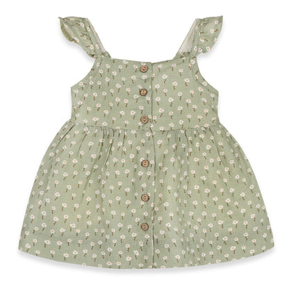 Sage Floral Ruffle Baby Dress + Bloomer Set (Organic Muslin)
