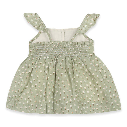 Sage Floral Ruffle Baby Dress + Bloomer Set (Organic Muslin)