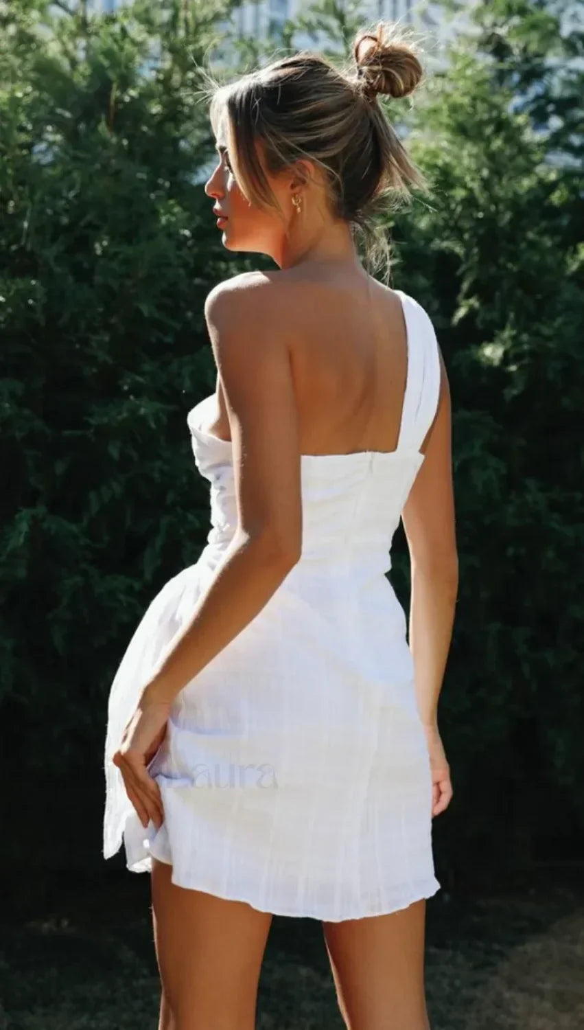 Sexy Backless Dress for Summer Women's 2024 New Slant Neck Zipper Solid High Waist Lace-up Irregular Hem Mini Dress
