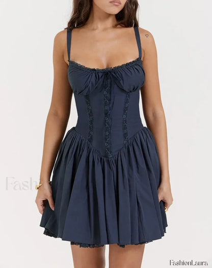 Sexy Strapless Sling Dress for Summer Women's 2024 NEW Lace-up High Waist Lace floral print A-line Mini Dress