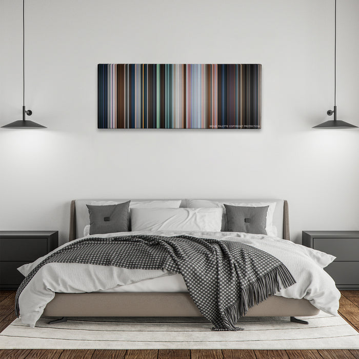 Shazam! color palette canvas above a bed, between two black pendant lamps