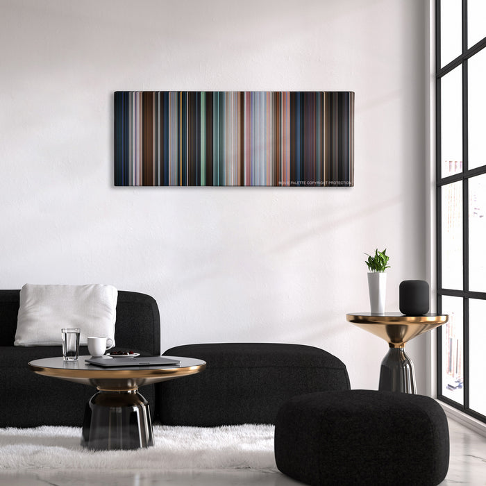 Shazam! color palette canvas above a black sofa with a gold-topped table