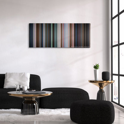 Shazam! color palette canvas above a black sofa with a gold-topped table