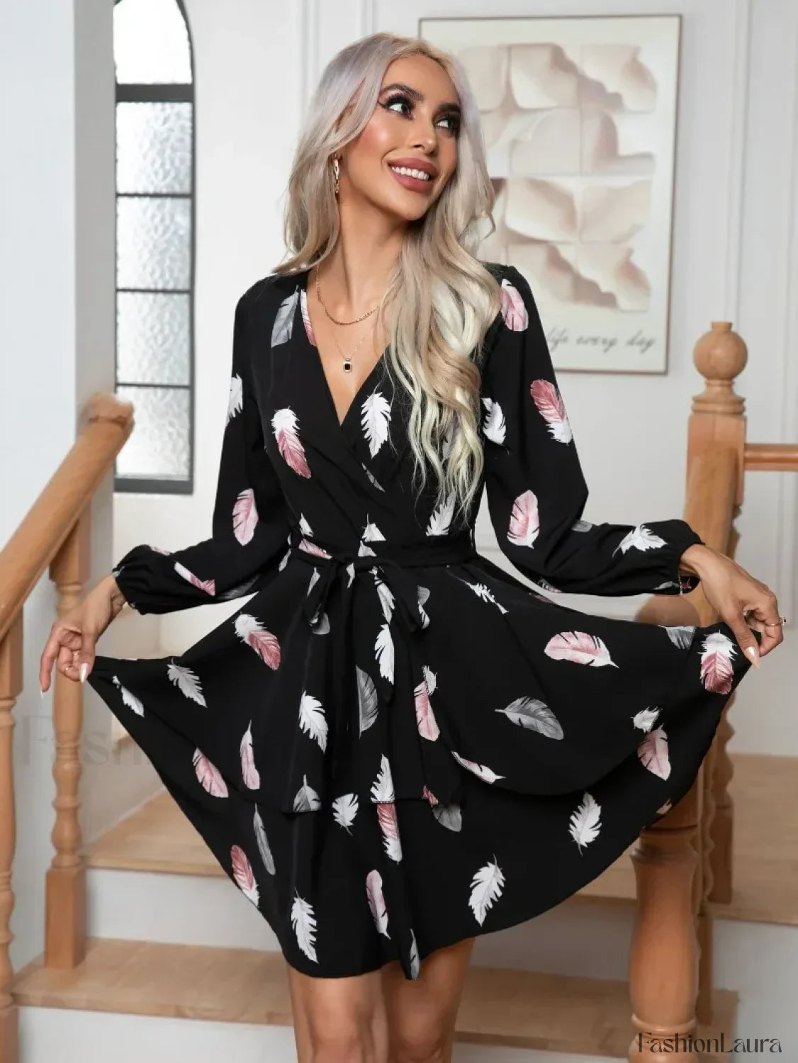 Skinny Feather Printed V-neck for Women New 2024 Mini Dress