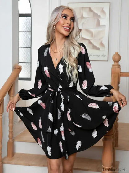 Skinny Feather Printed V-neck for Women New 2024 Mini Dress