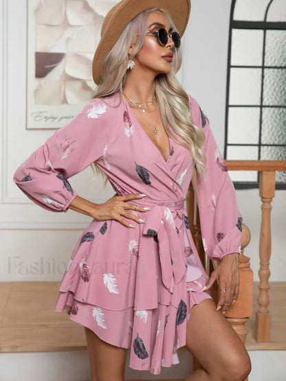 Skinny Feather Printed V-neck for Women New 2024 Mini Dress