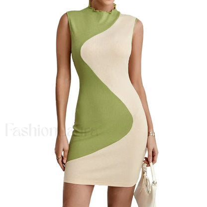 Skinny Knitted Summer Women's 2024 New Patchwork Sleeveless Slim Elastic High Waist Hip Wrap Mini Dress