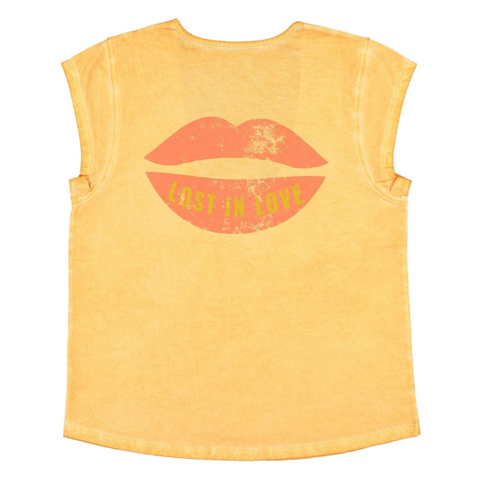 Sisters Department,Sleeveless T-Shirt in Washed Orange w/" Lost in Love" Print,CouCou,Mamma Clothing