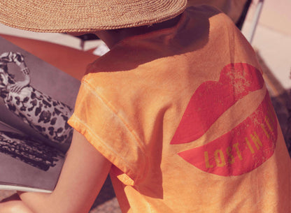 Sisters Department,Sleeveless T-Shirt in Washed Orange w/" Lost in Love" Print,CouCou,Mamma Clothing