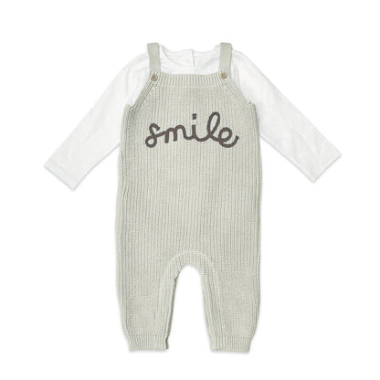 Smile Embroidered Chunky Sweater Knit Baby Overall & Bodysuit Set (Organic Cotton)