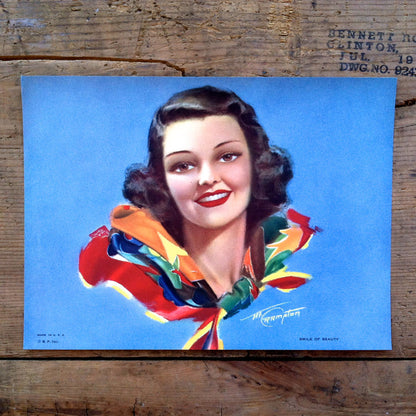 SMILE OF BEAUTY Pinup Lithograph Art Print 1940s