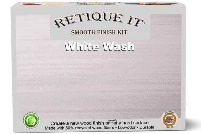 Retique It Smooth Finish Kit in White Wash for wood finishes, showing brushes and wood surface with a smooth, whitewashed look.
