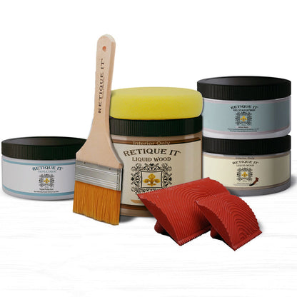 Retique It Smooth Finish Kit in White Wash for wood finishes, showing a brushed, bleached wood surface with the kit components.