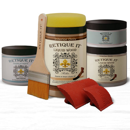 Retique It Smooth Finish Kit in White Wash for wood finishing, includes tools and products for a sleek, natural wood look.