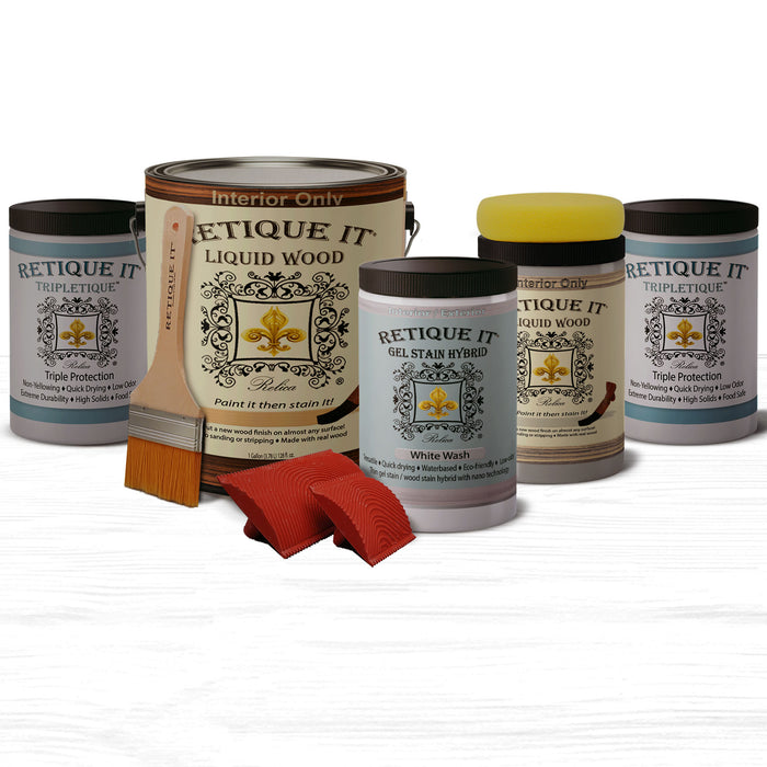 Retique It Smooth Finish Kit in White Wash for wood finishes, featuring a bleached, natural wood look with a smooth, even application.