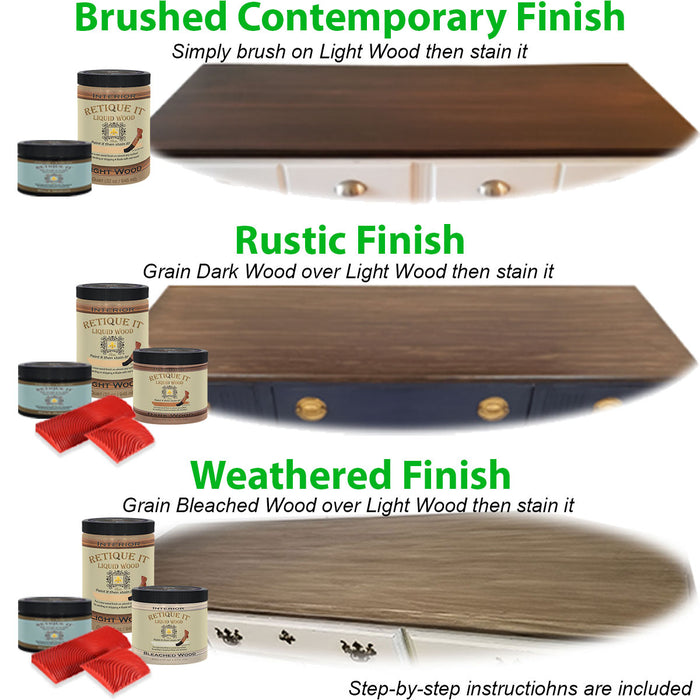 Retique It Smooth Finish Kit in White Wash for wood finishes, showing the textured application on wood surface.
