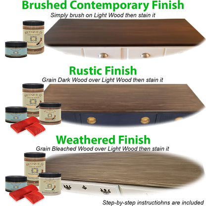 Retique It Smooth Finish Kit in White Wash for wood finishes, showing the textured application on wood surface.