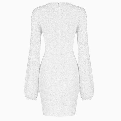 Sparkly Sequin Lacy Long Sleeve Party Mini Dress - White