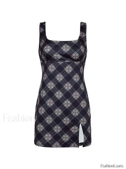 Split Sleeveless Checkered Mini Dress