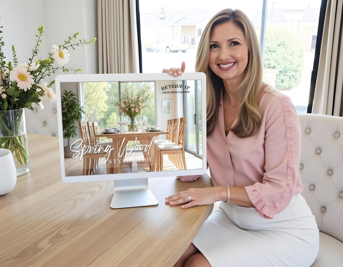 Digital guide by Retique It showcasing spring 2025 wood finish trends and techniques for interior furniture and decor.