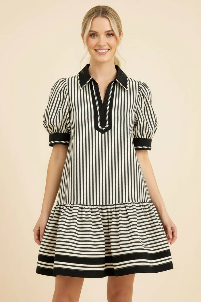 Striped Puff Sleeve Ruffle Dress: MOCHA
