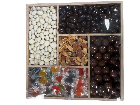 Sugar Free Tray  with sugar free dark chocolate almonds, sugar free yogurt raisins, no sugar added milk chocolate malt balls, Eda's sugar free mixed fruit hard candy, and salted mixed nuts
