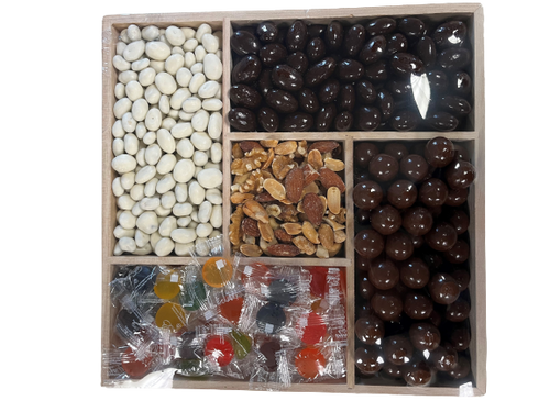 Sugar Free Tray  with sugar free dark chocolate almonds, sugar free yogurt raisins, no sugar added milk chocolate malt balls, Eda's sugar free mixed fruit hard candy, and salted mixed nuts