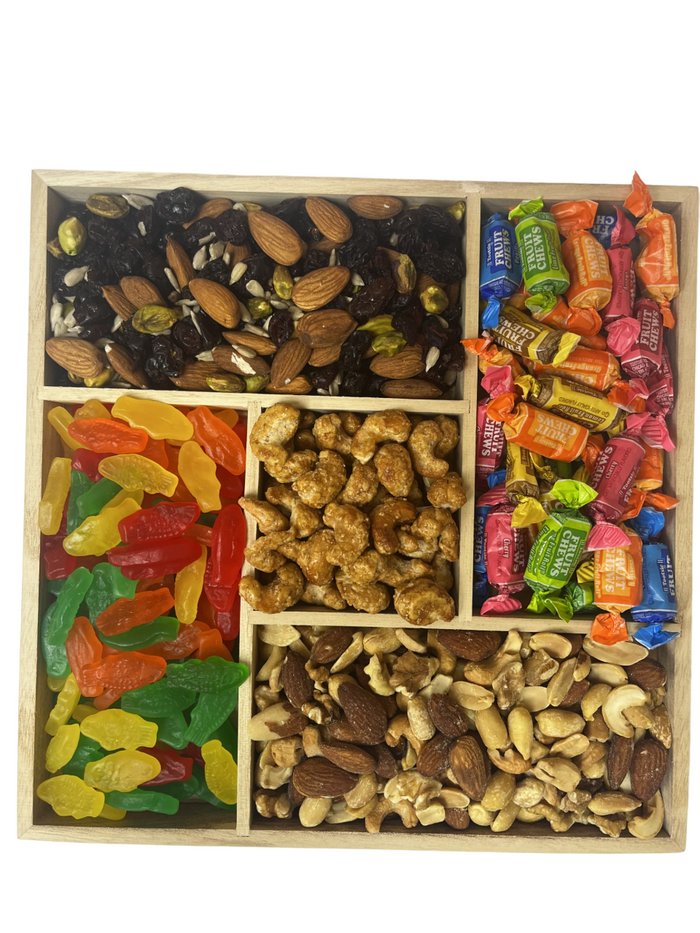 Summertime Tray with mixed nuts, honey roasted cashews, assorted Tootsie Rolls, small assorted Swedish fish, and Diva's delight trail mix.