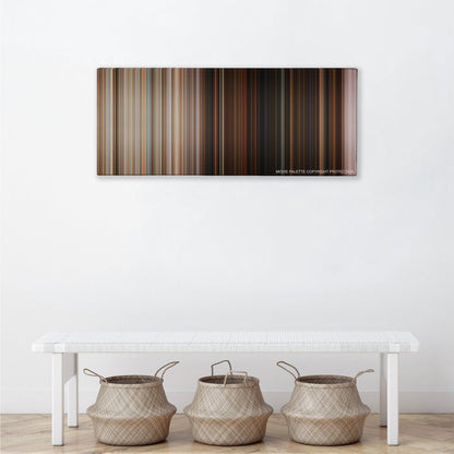 Superbad color palette canvas above a white bench with three woven baskets