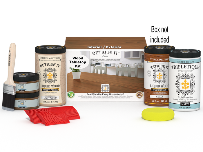 Retique It Wood'n Finish Kit Cedar stain set with four large bottles for tabletop woodworking projects.