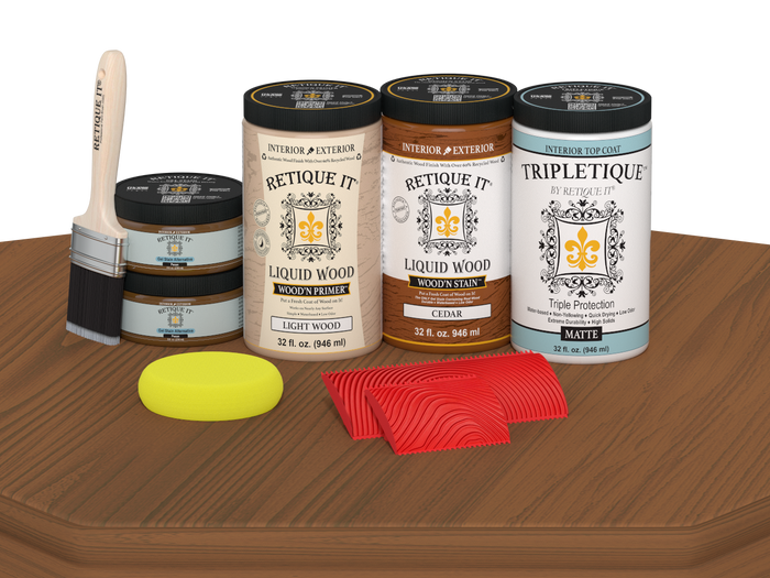Retique It Wood'n Finish Kit in cedar stain with four large matte wood stain bottles displayed on a table.