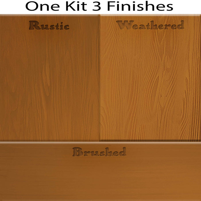 Swatches of four cedar wood stain finishes from Retique It Wood'n Finish Kit for tabletops, showcasing natural wood tones.