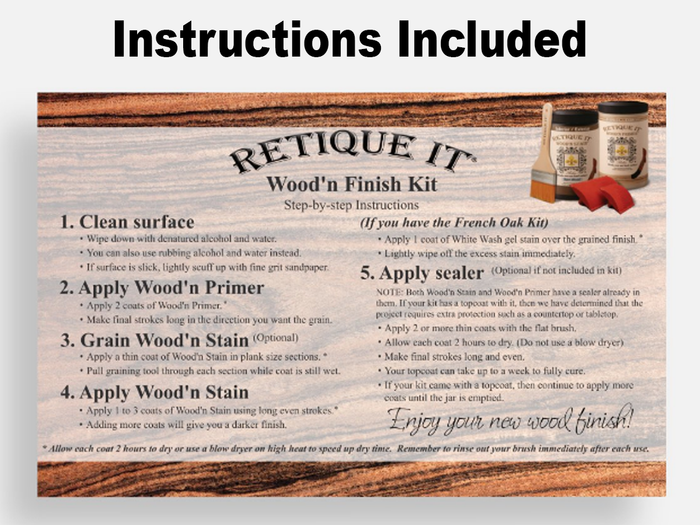 Front view of Retique It Wood'n Finish Kit for tabletops, featuring cedar stain instructions and application guide.