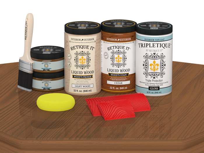 Retique It Wood'n Finish Kit in cedar for tabletops, containing four large stain bottles with a glossy finish.