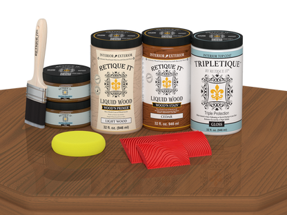 Retique It Wood'n Finish Kit in cedar for tabletops, containing four large stain bottles with a glossy finish.