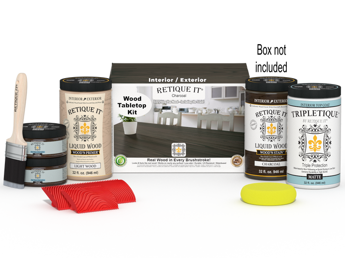 Retique It Wood'n Finish Kit for tabletops, charcoal stain, includes four large containers, shown with applicator and box.