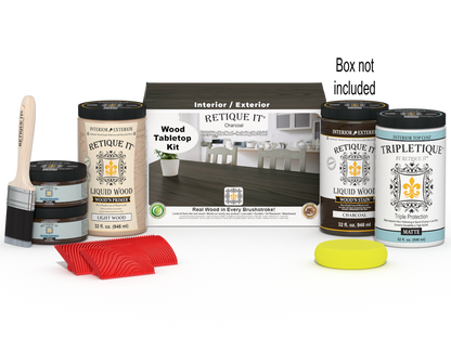 Retique It Wood'n Finish Kit for tabletops, charcoal stain, includes four large containers, shown with applicator and box.