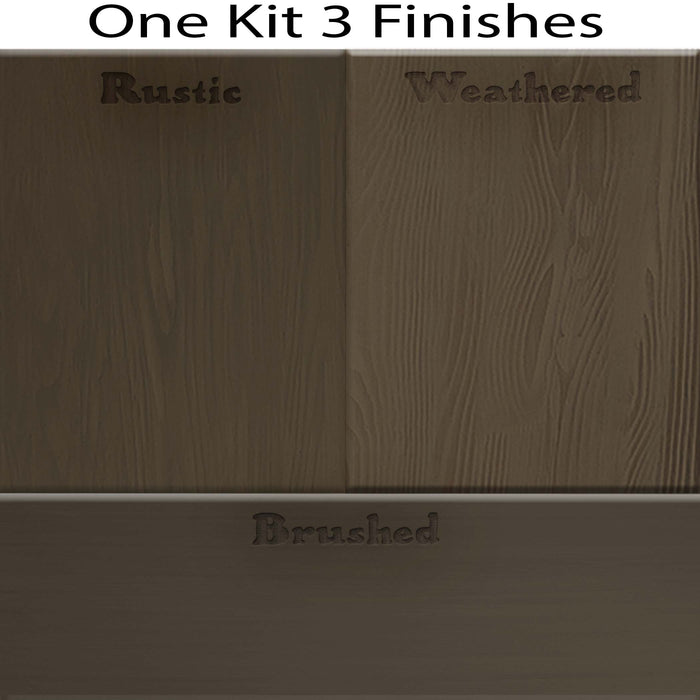Four charcoal-colored wood stain swatches from the Retique It Wood'n Finish Kit for tabletops, showcasing different finishes.