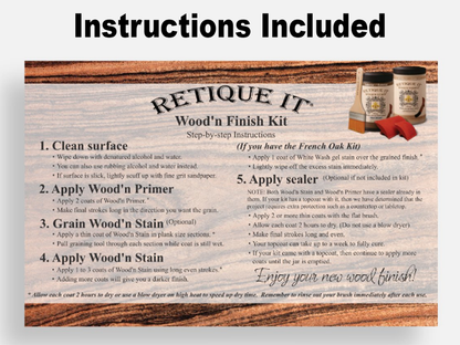 Retique It Wood'n Finish Kit for tabletops, featuring four large charcoal stain bottles with instruction sheet visible.