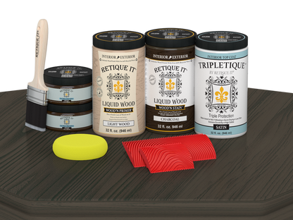 Retique It Wood'n Finish Kit in Charcoal with four large stain bottles, satin finish, for tabletop wood refinishing.