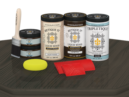 Retique It Wood'n Finish Kit with four large charcoal stains, glossy tabletop finish for wood projects.