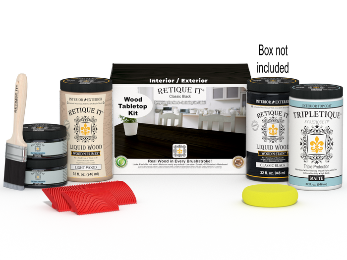 Retique It Wood'n Finish Kit tabletop stains in classic black, featuring four large stain bottles for wood finishing projects.