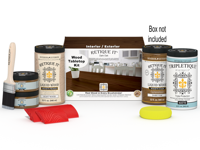 Retique It Wood'n Finish Kit for tables, dark oak stain, four large bottles, with applicator box, ideal for wood finishing projects.