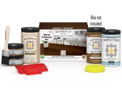 Retique It Wood'n Finish Kit for tables, dark oak stain, four large bottles, with applicator box, ideal for wood finishing projects.