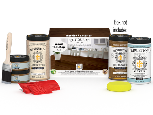 Retique It Wood'n Finish Kit for tables, dark oak stain, four large bottles, with applicator box, ideal for wood finishing projects.