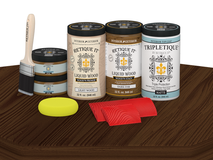 Retique It Wood'n Finish Kit in Dark Oak stain with four large bottles, matte wood finish on a tabletop.