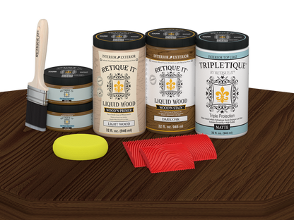 Retique It Wood'n Finish Kit in Dark Oak stain with four large bottles, matte wood finish on a tabletop.