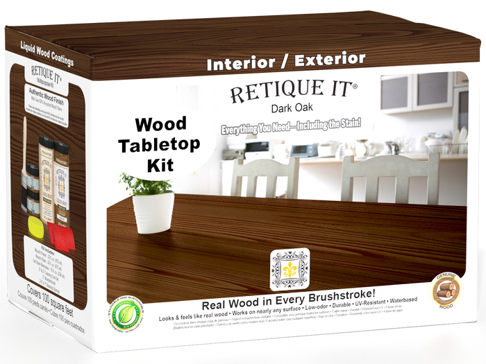 Retique It Wood'n Finish Kit in Dark Oak with four large stain bottles for tabletop wood finishing projects.